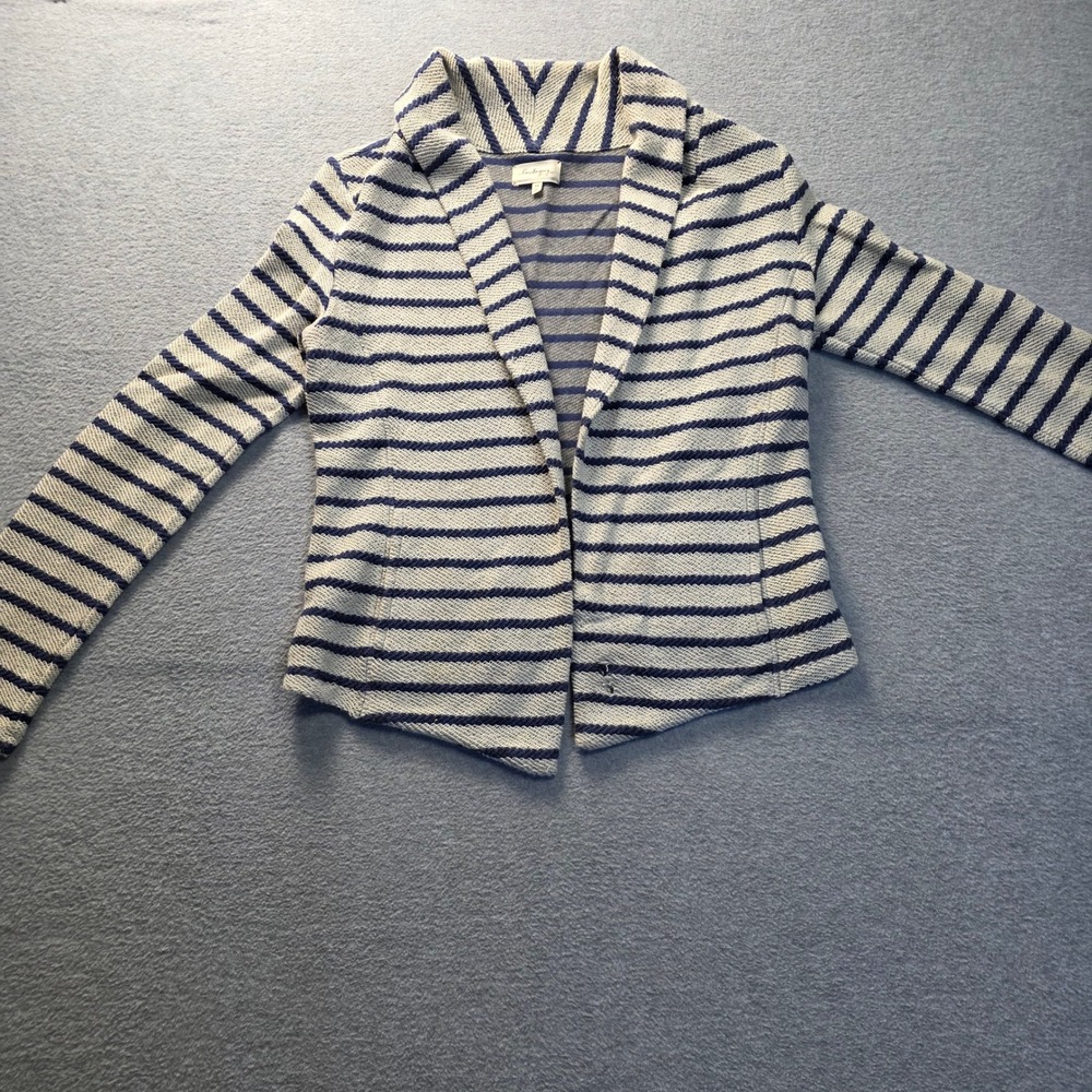 Lou & Grey  Knit Blazer Cardigan Womens Medium Striped Blue Sweater White Casual